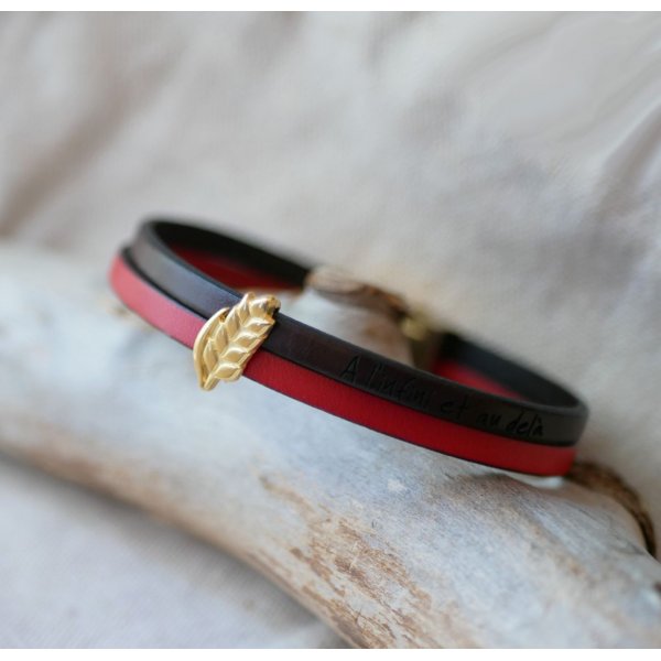 Bracelet duo de cuir et passant Epi de blé doré personnalisable, cadeau noces de froment pour femme