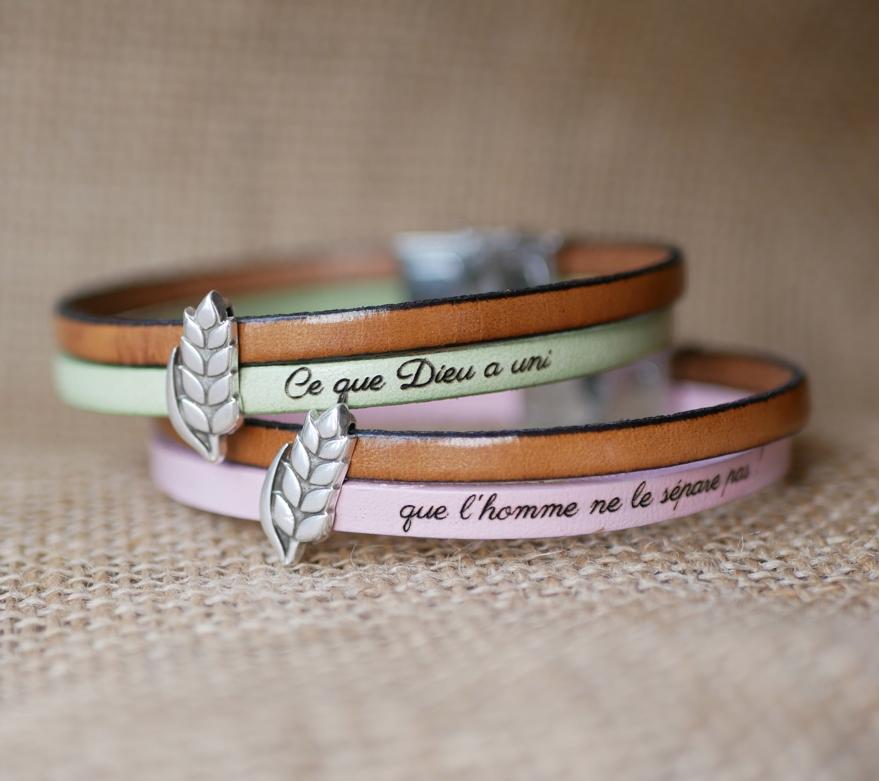 Bracelet duo de cuir et passant Epi de blé personnalisable, noces de froment homme et femme