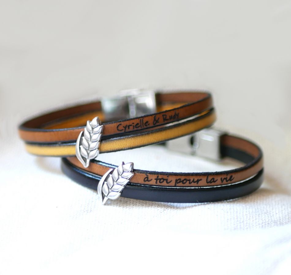 Bracelet duo de cuir et passant Epi de blé personnalisable, noces de froment homme et femme