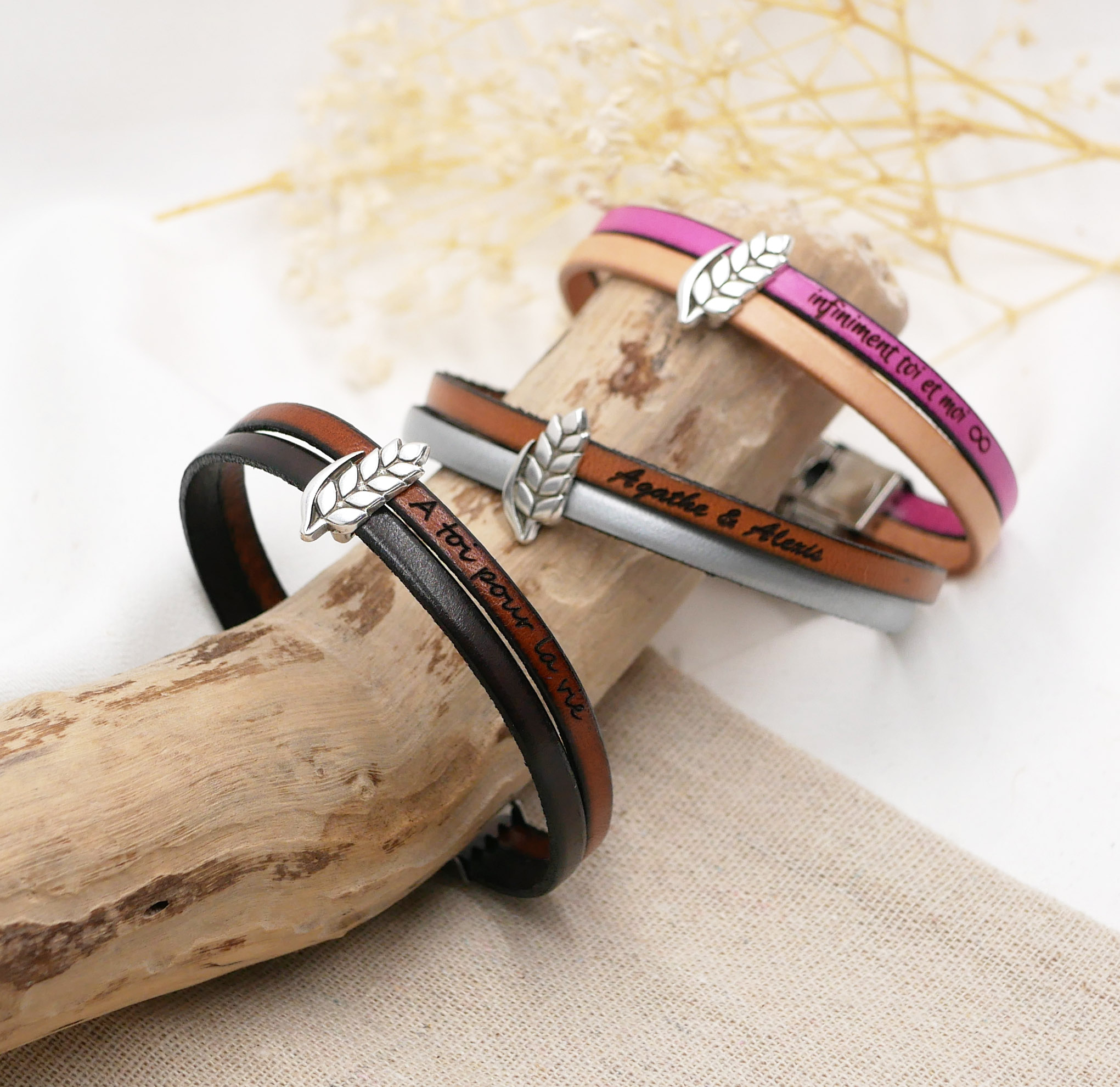 Bracelet duo de cuir et passant Epi de blé personnalisable, noces de froment homme et femme