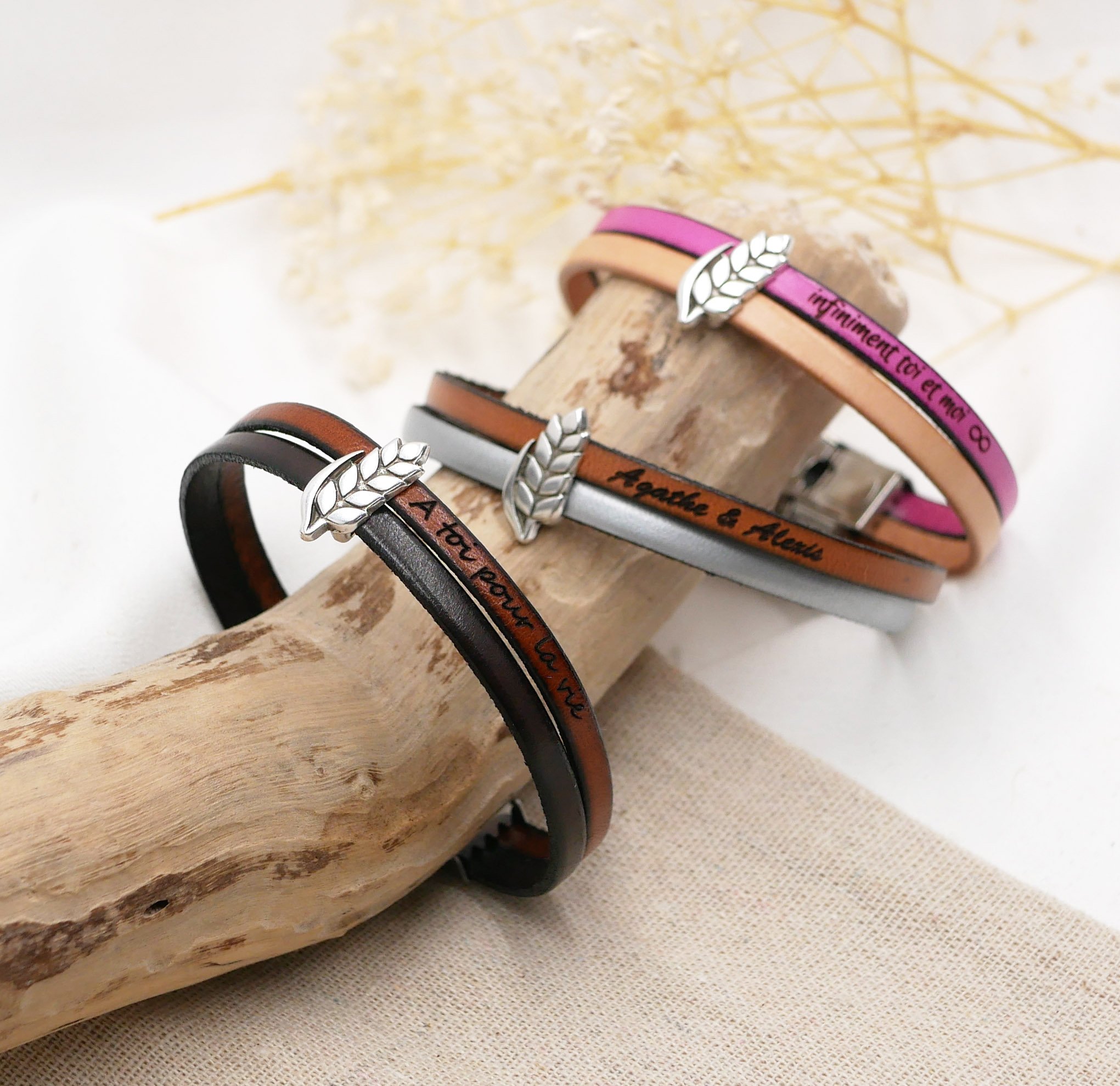Bracelet duo de cuir et passant Epi de blé personnalisable, noces de froment homme et femme