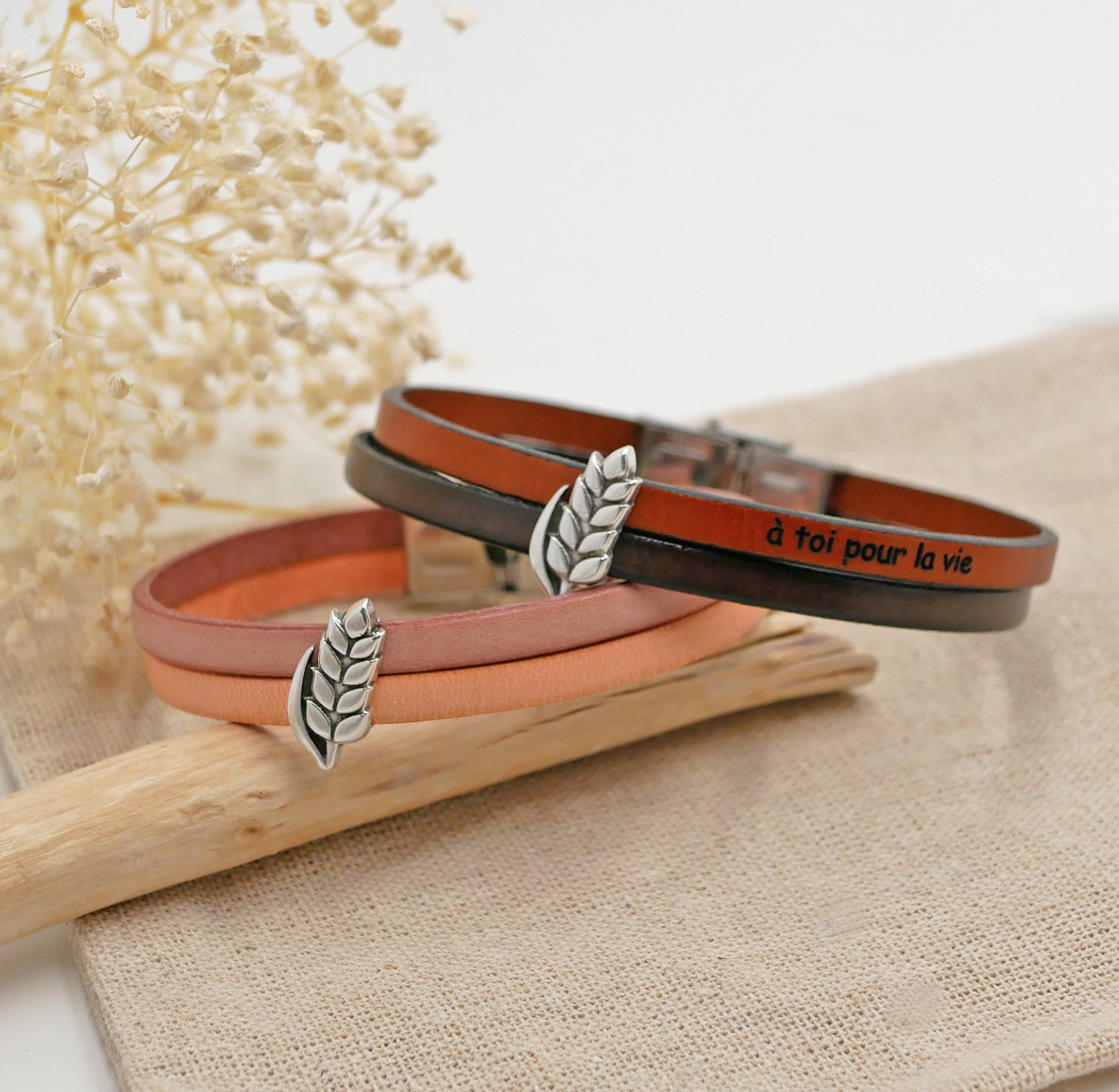 Bracelet duo de cuir et passant Epi de blé personnalisable, noces de froment homme et femme