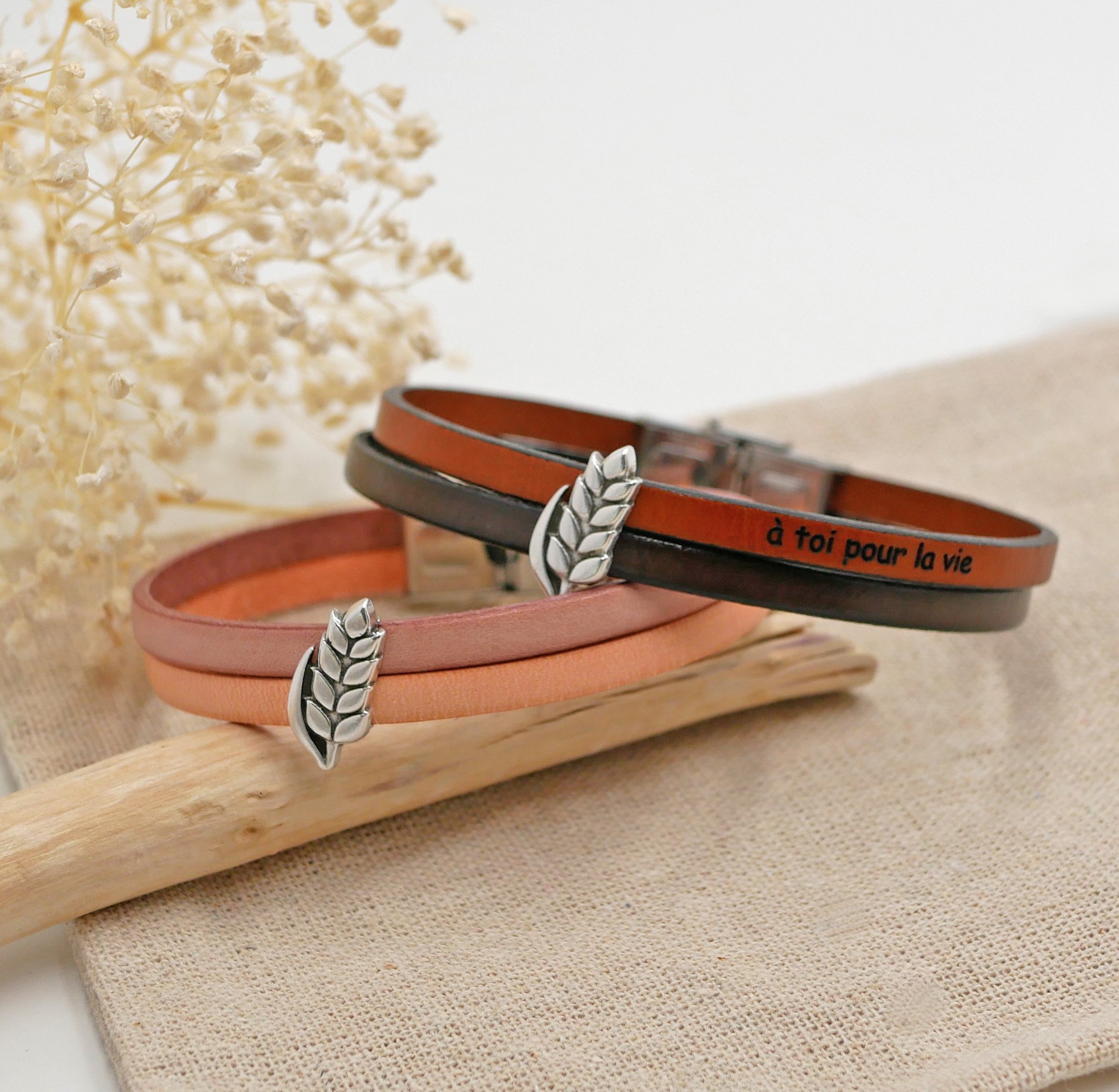 Bracelet duo de cuir et passant Epi de blé personnalisable, noces de froment homme et femme
