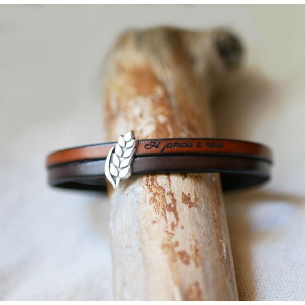 Bracelet duo de cuir et passant Epi de blé personnalisable, noces de froment homme et femme
