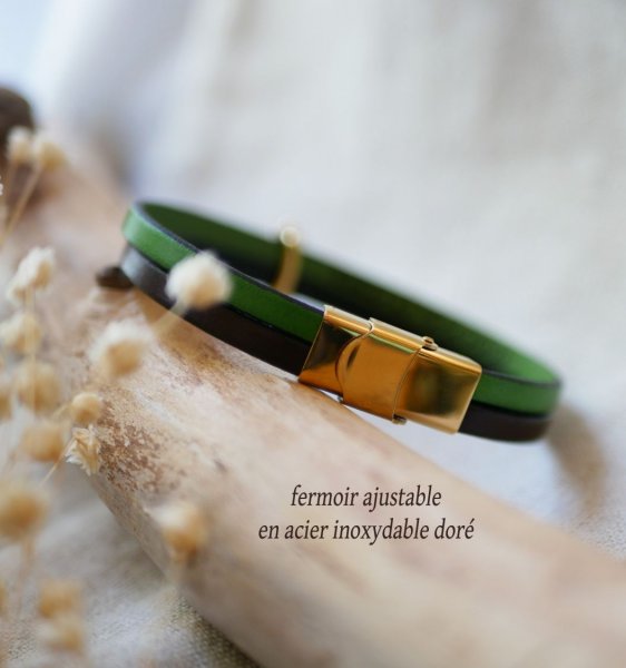 Bracelet duo de cuir et passant Epi de blé doré personnalisable, cadeau noces de froment pour femme