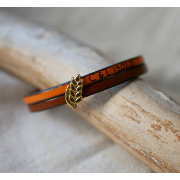 Bracelet duo de cuir et passant Epi de blé doré personnalisable, cadeau noces de froment pour femme