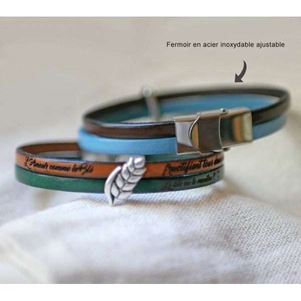 Bracelet duo de cuir et passant Epi de blé personnalisable, noces de froment homme et femme