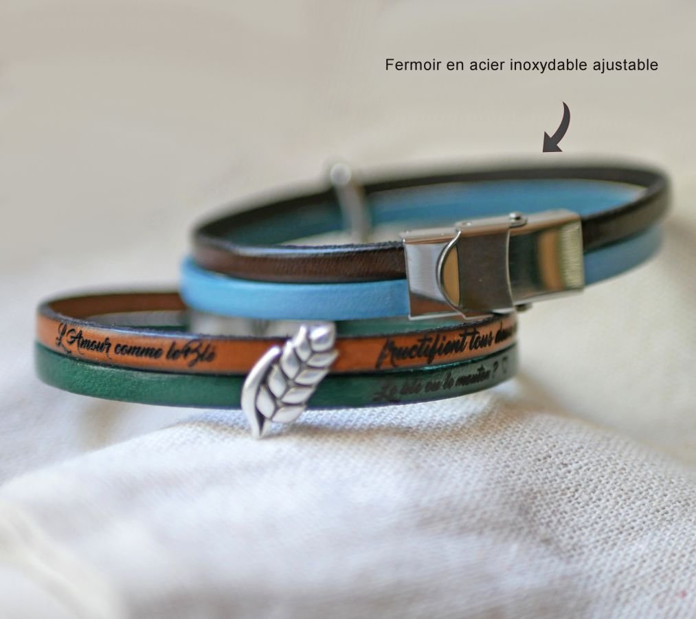 Bracelet duo de cuir et passant Epi de blé personnalisable, noces de froment homme et femme