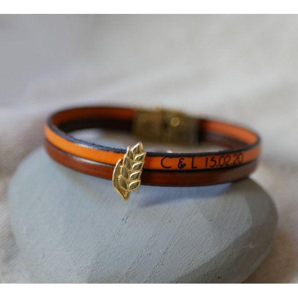 Bracelet duo de cuir et passant Epi de blé doré personnalisable, cadeau noces de froment pour femme