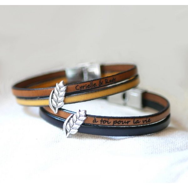 Bracelet duo de cuir et passant Epi de blé personnalisable, noces de froment homme et femme