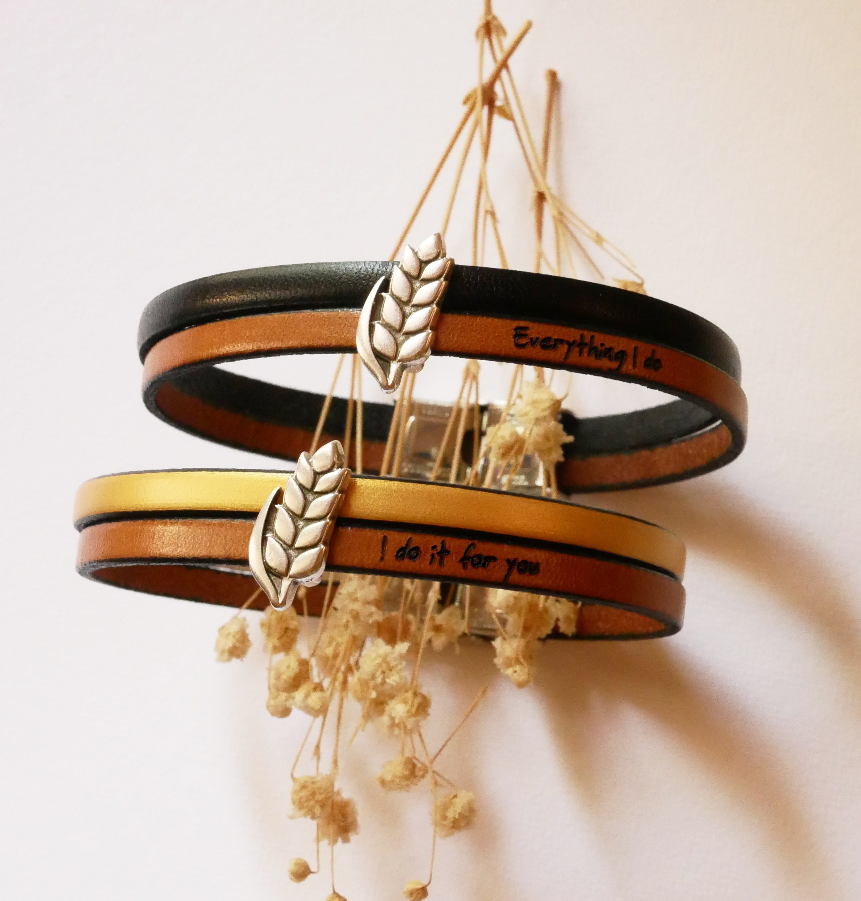 Bracelet duo de cuir et passant Epi de blé personnalisable, noces de froment homme et femme
