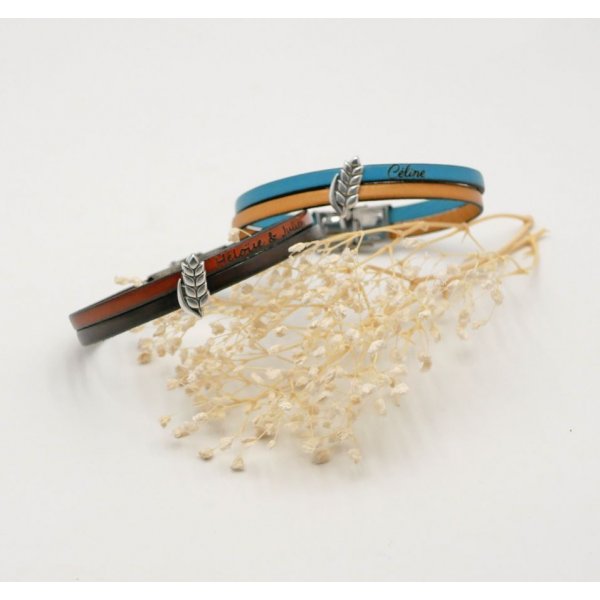 Bracelet duo de cuir et passant Epi de blé personnalisable, noces de froment homme et femme