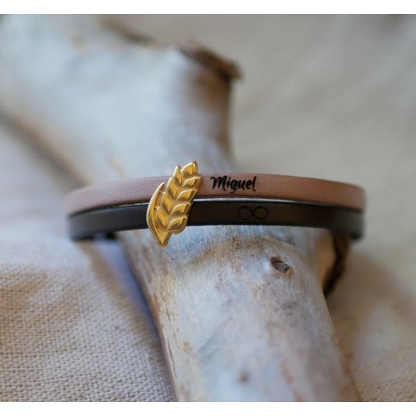 Bracelet duo de cuir et passant Epi de blé doré personnalisable, cadeau noces de froment pour femme
