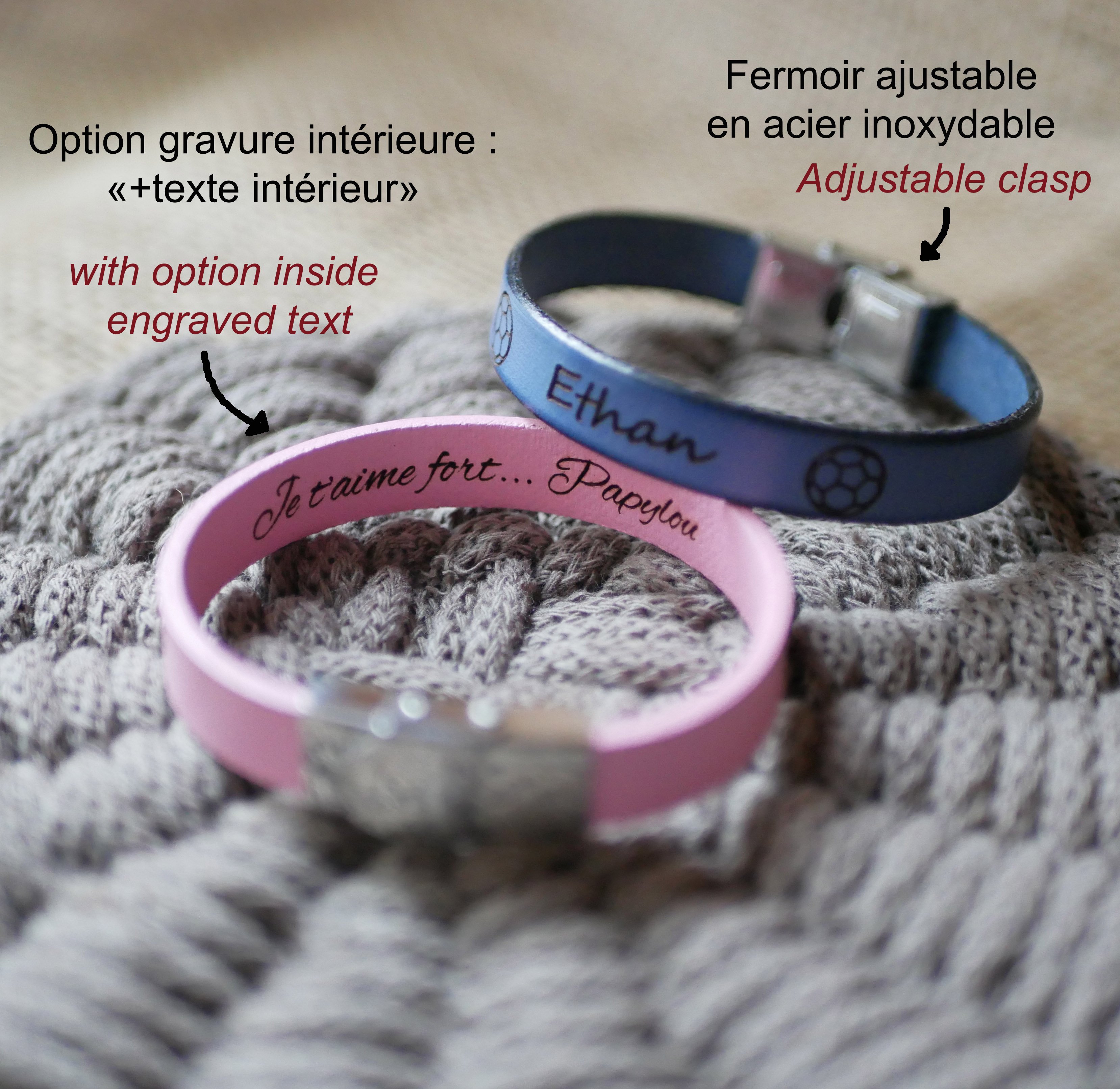 Bracelet enfant en cuir personnalis&eacute; grav&eacute; pr&eacute;nom encadr&eacute; de dessins au choix