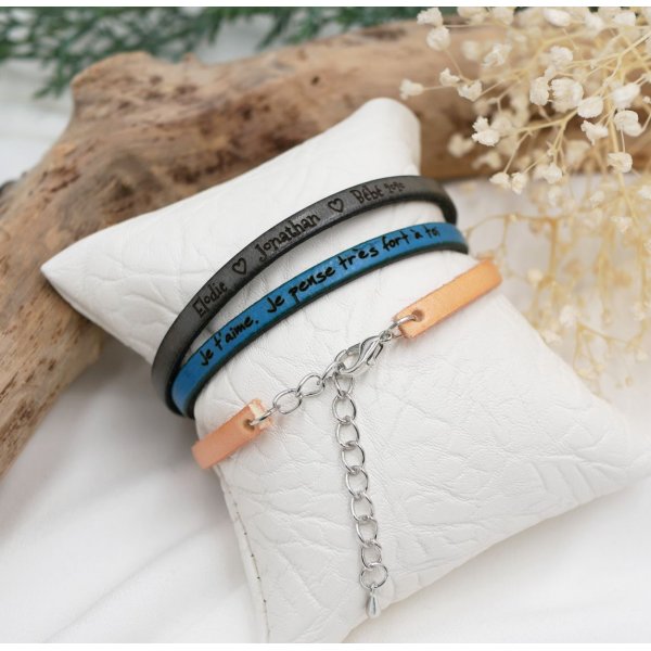 Bracelet femme en cuir fin à personnaliser par gravure avec chaînette argentée