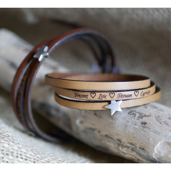 Bracelet femme cuir multitours personnalisable décor étoile argenté