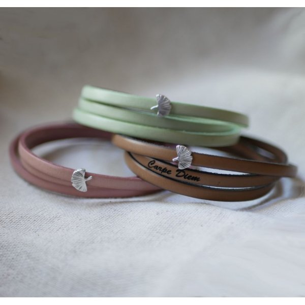 Bracelet femme cuir multitours feuille Ginkgo argent&eacute; personnalisable 