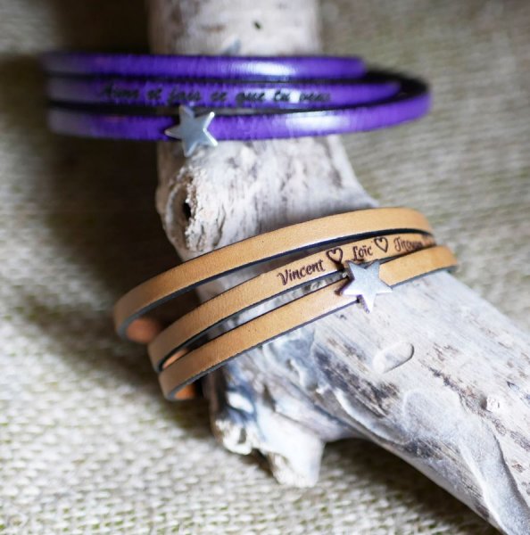 Bracelet cuir multi-tours personnalisable d&eacute;cor argent&eacute; &eacute;toile ou infini ou coeur 