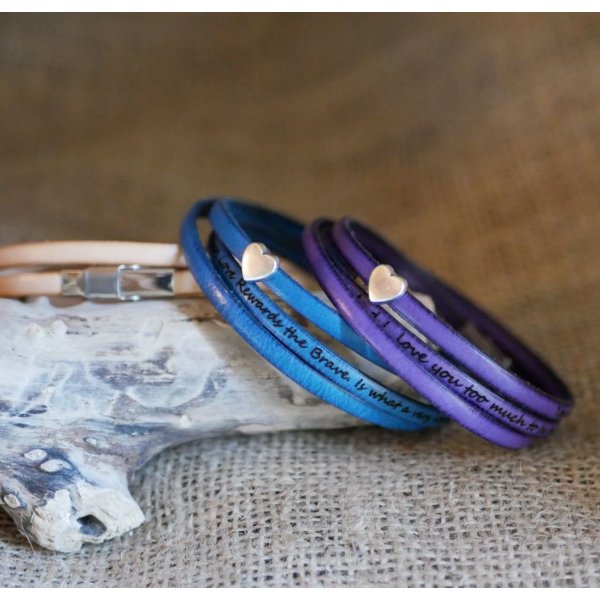 Bracelet femme cuir personnalisable multi tours décor coeur argenté