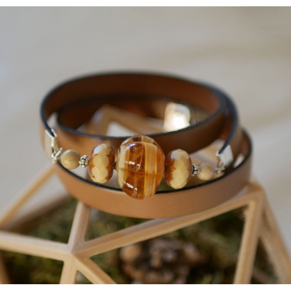 Bracelet femme Cuir et Perles lampwork triple tours à personnaliser 