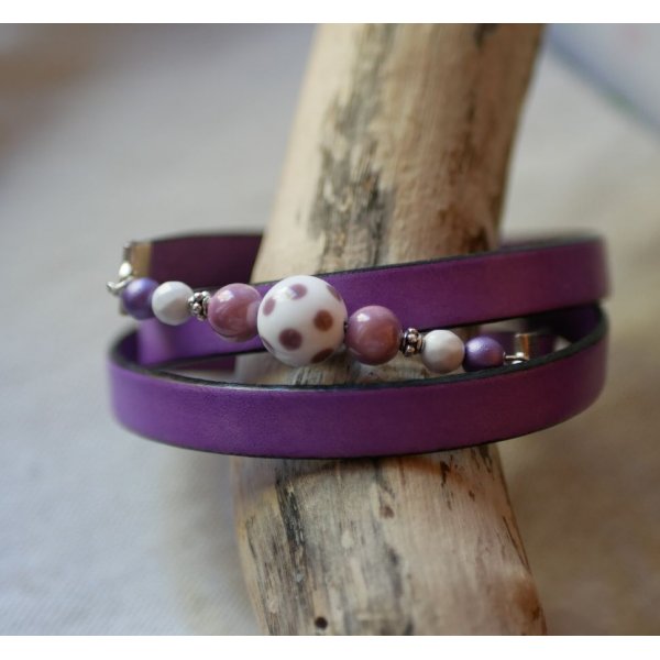 Bracelet femme cuir et perles Mauve triple tours &agrave; personnaliser 