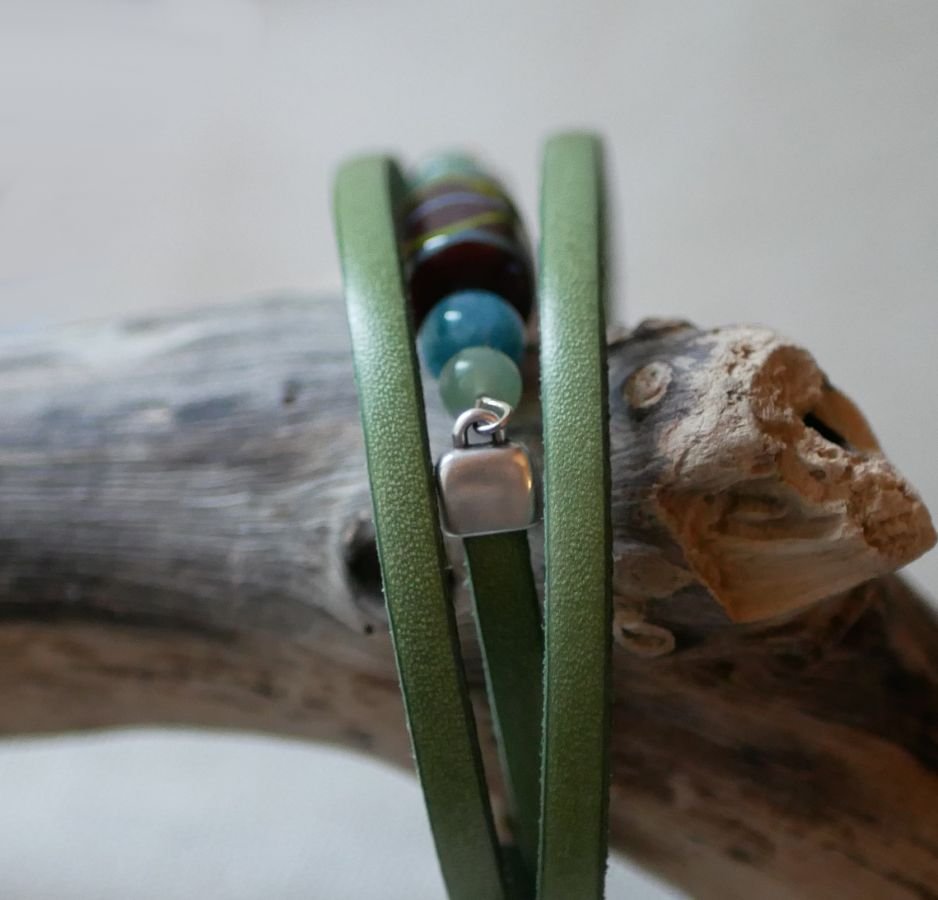 Bracelet femme cuir et perles Céramique Vert turquoise triple tours à personnaliser 