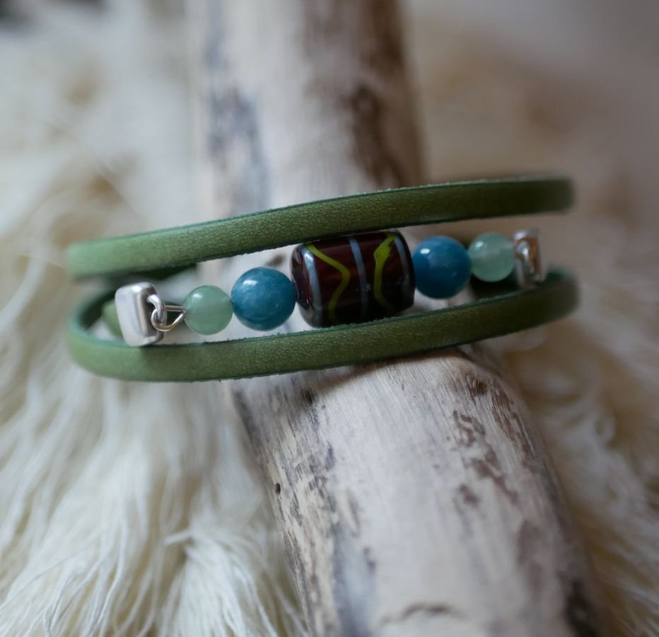 Bracelet femme cuir et perles Céramique Vert turquoise triple tours à personnaliser 