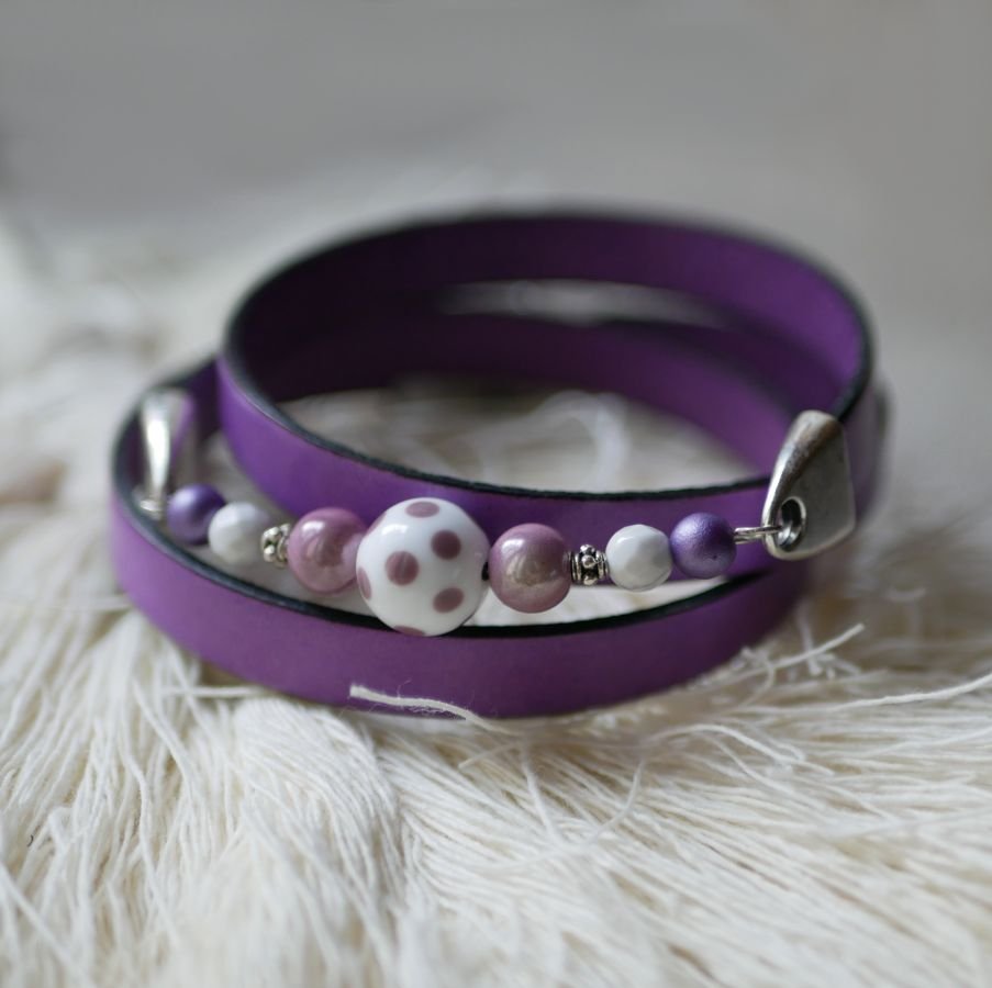 Bracelet femme cuir et perles Mauve triple tours à personnaliser 