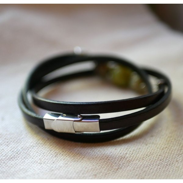 Bracelet femme cuir et perles Céramique Vert olivine triple tours à personnaliser 