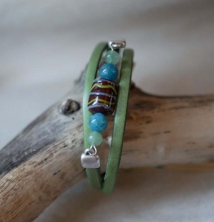 Bracelet femme cuir et perles Céramique Vert turquoise triple tours à personnaliser 