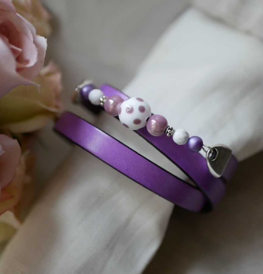 Bracelet femme cuir et perles Mauve triple tours à personnaliser 