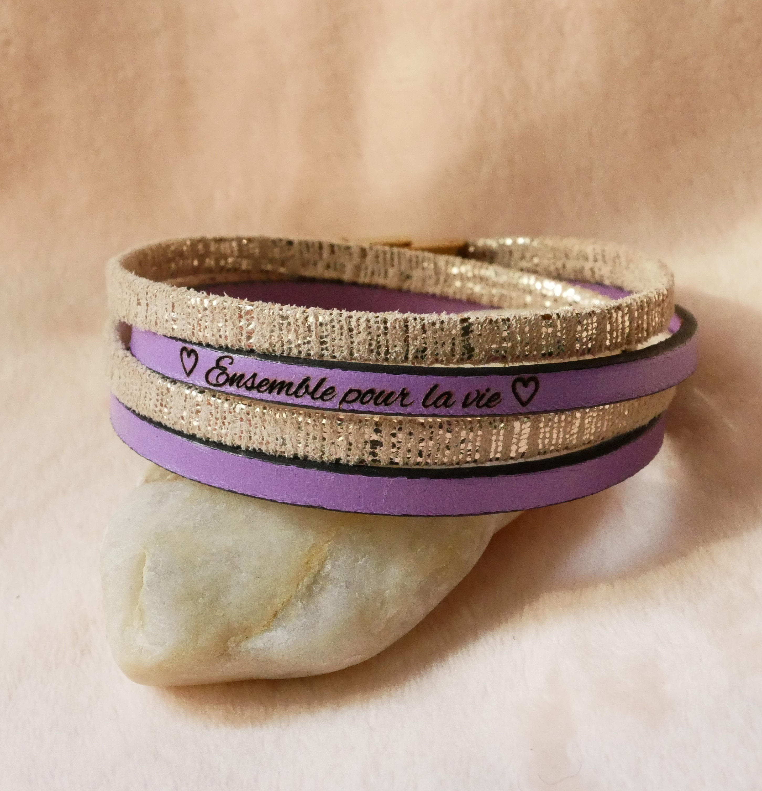 Bracelet femme double cuir doré à personnaliser par gravure