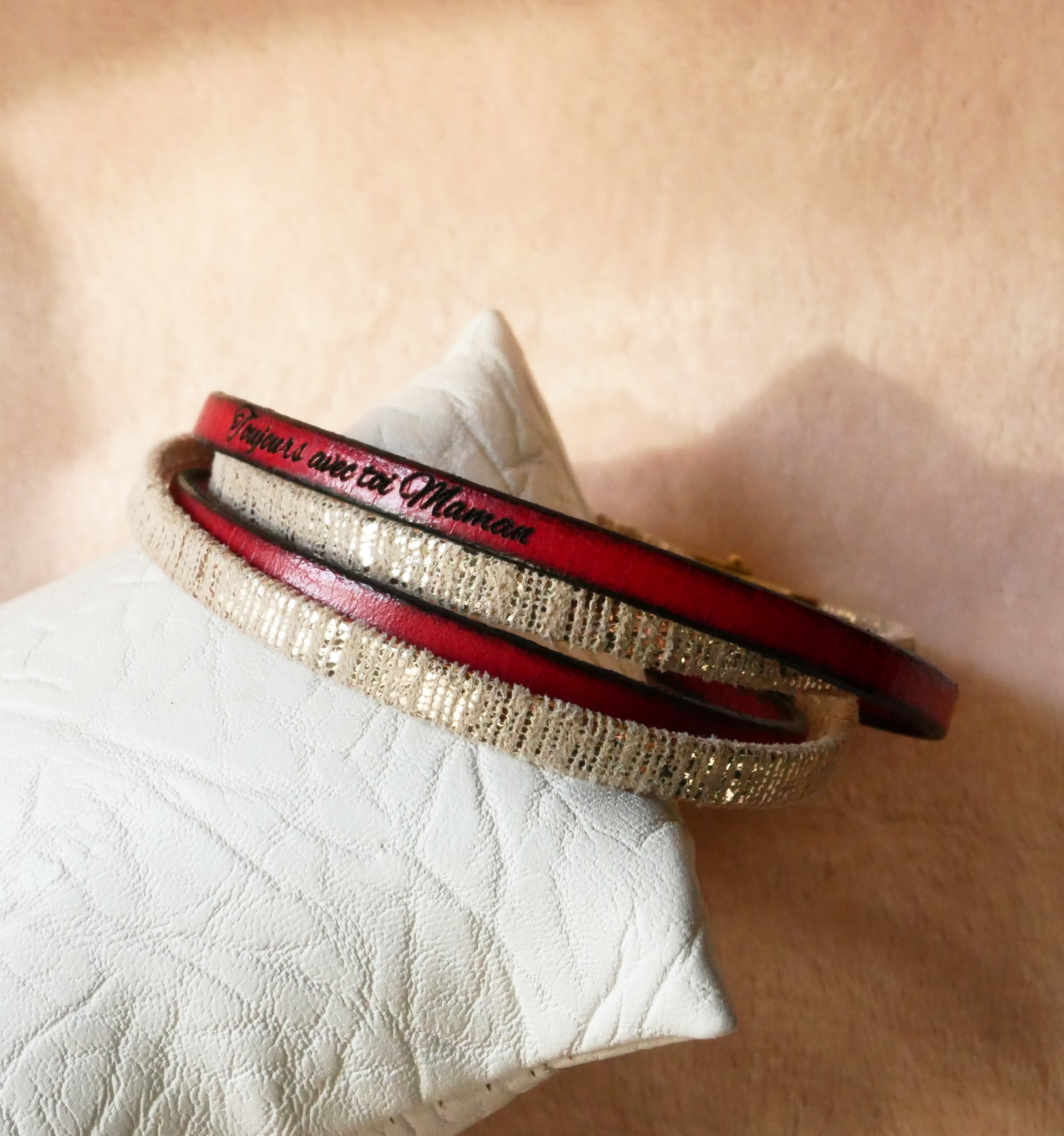 Bracelet femme double cuir doré à personnaliser par gravure