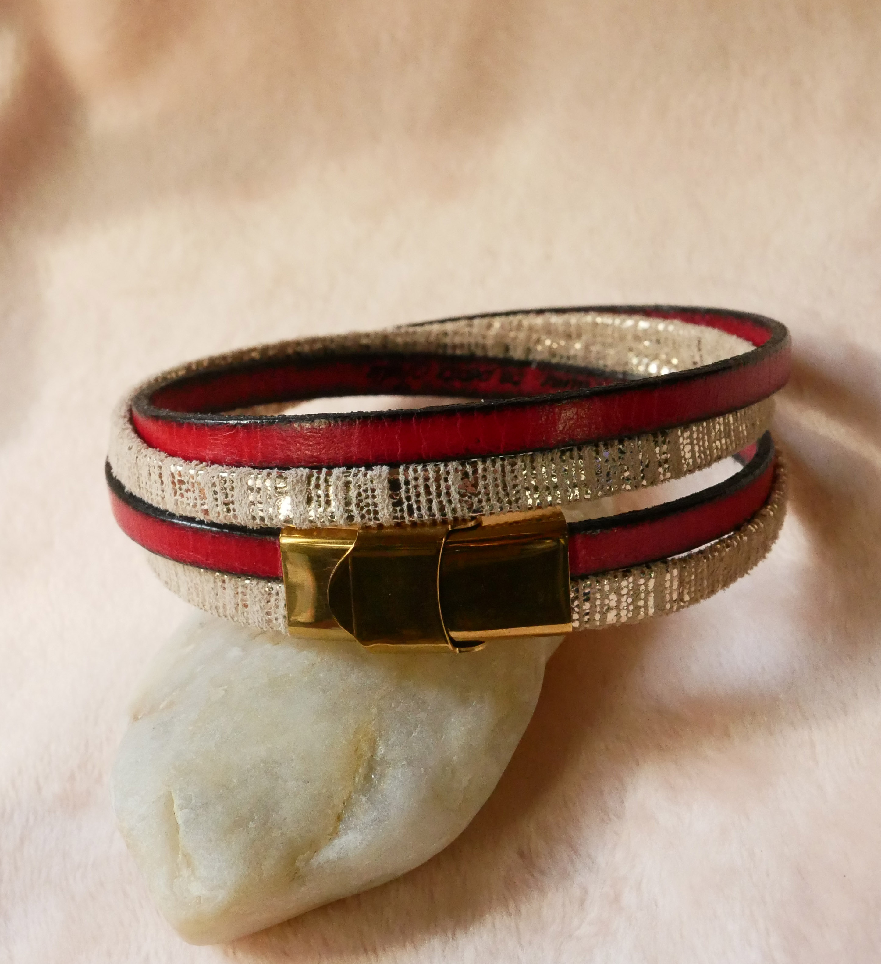 Bracelet femme double cuir doré à personnaliser par gravure