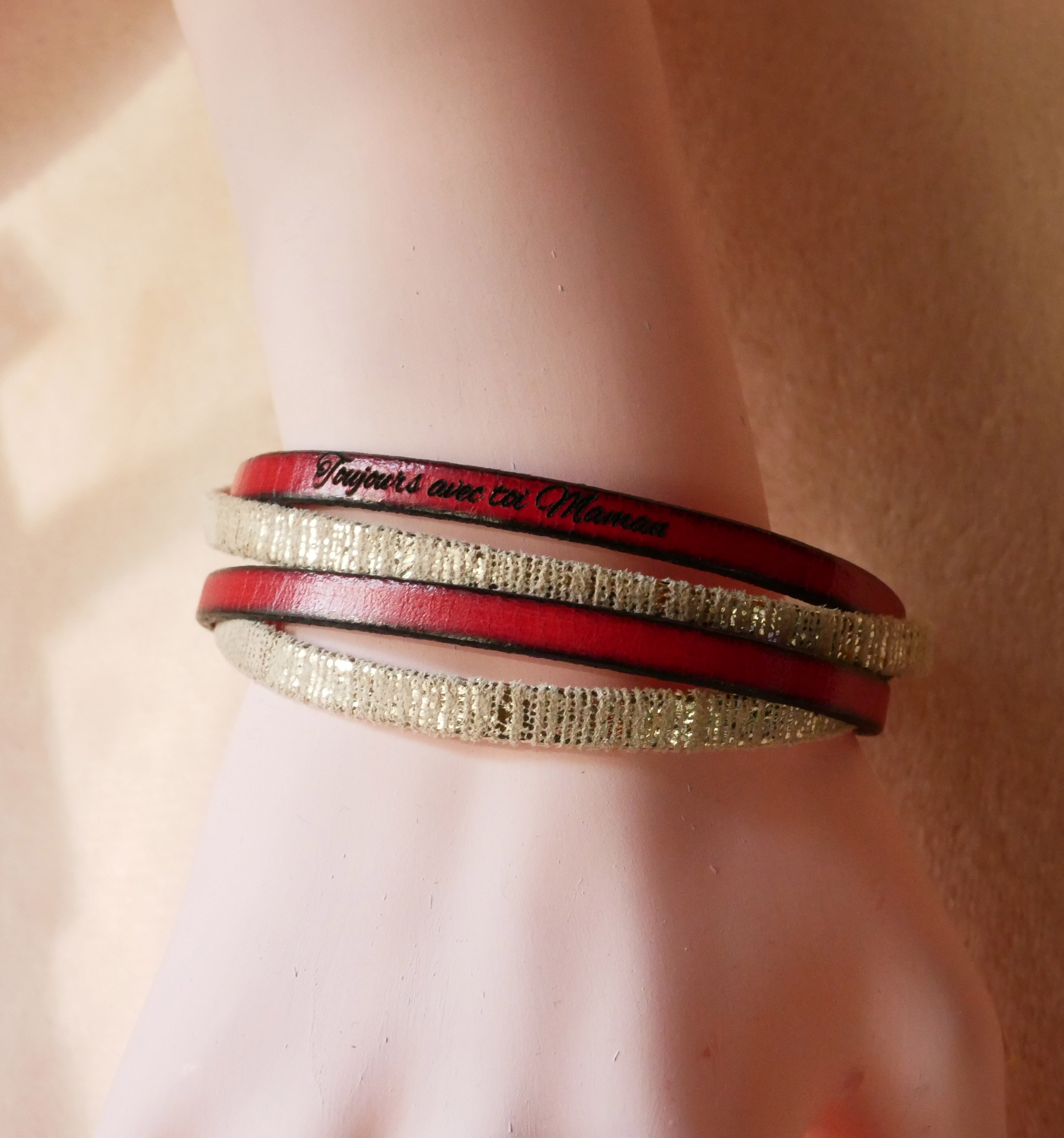 Bracelet femme double cuir doré à personnaliser par gravure