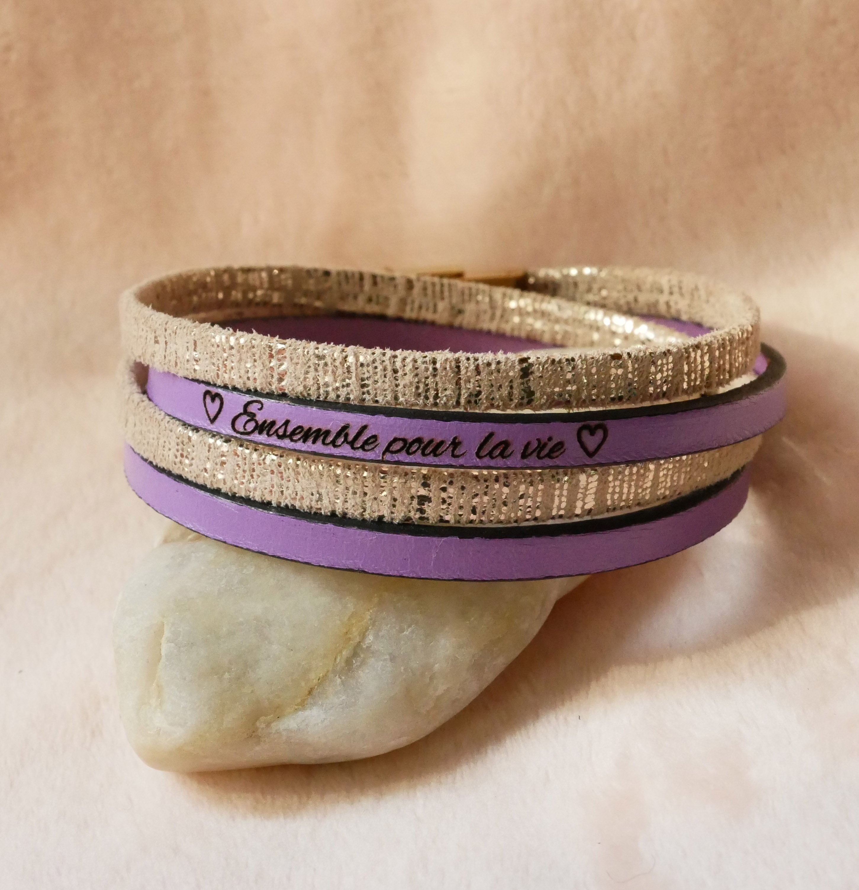 Bracelet femme double cuir dor&eacute; &agrave; personnaliser par gravure