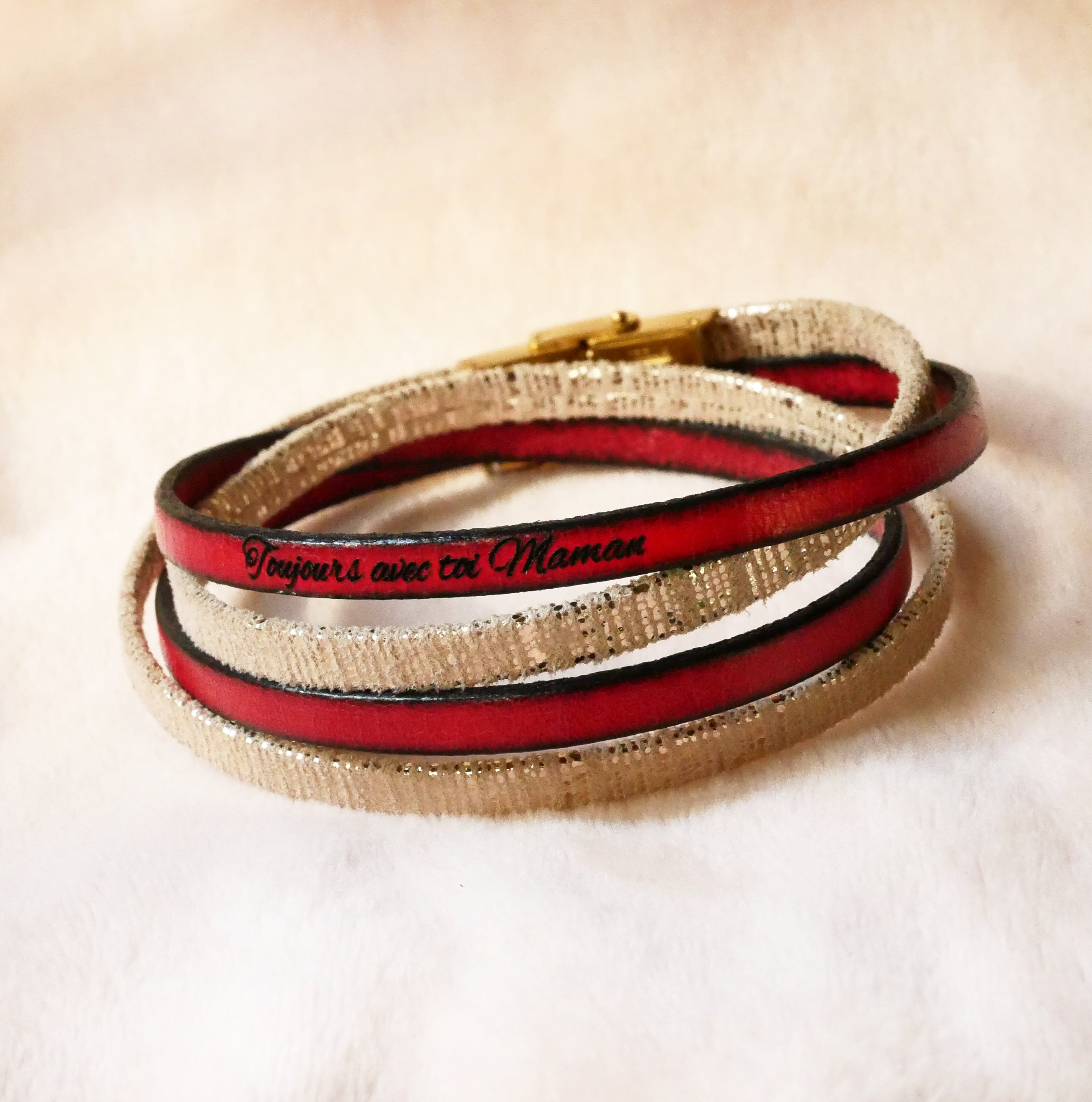 Bracelet femme double cuir doré à personnaliser par gravure