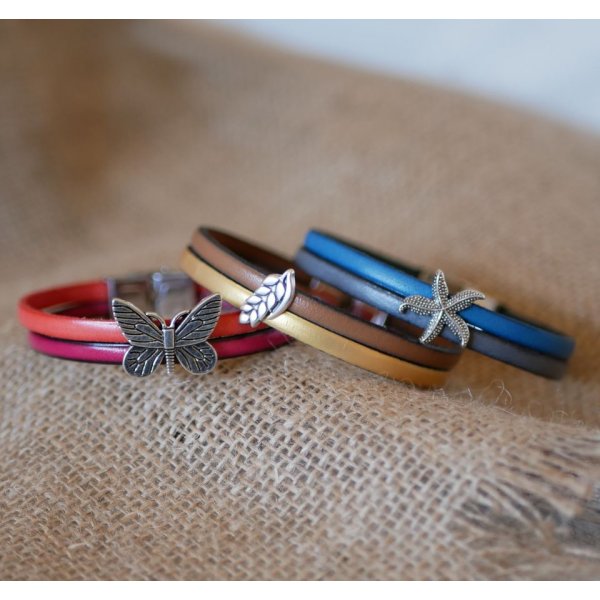 Bracelet pour femme duo de cuir et passant Etoile de mer personnalisable