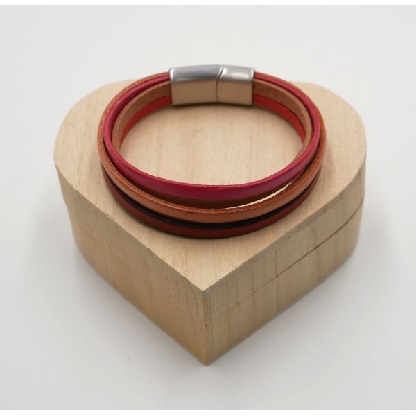 Bracelet femme multi-cuirs en manchette Rouge, P&ecirc;che, Corail, Beige
