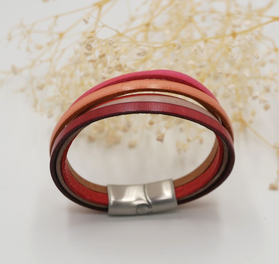 Bracelet femme multi-cuirs en manchette Rouge, Pêche, Corail, Beige