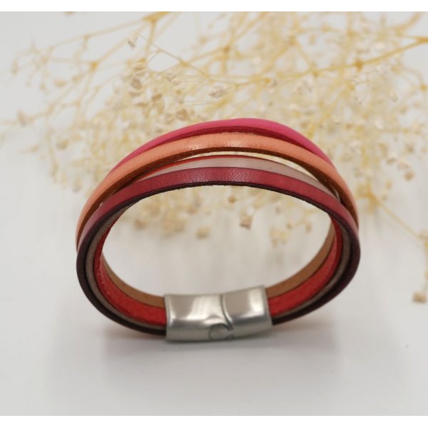 Bracelet femme multi-cuirs en manchette Rouge, Pêche, Corail, Beige