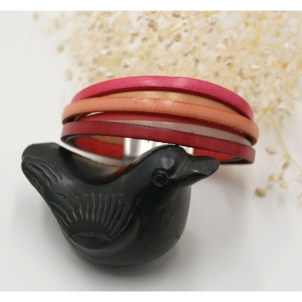 Bracelet femme multi-cuirs en manchette Rouge, P&ecirc;che, Corail, Beige