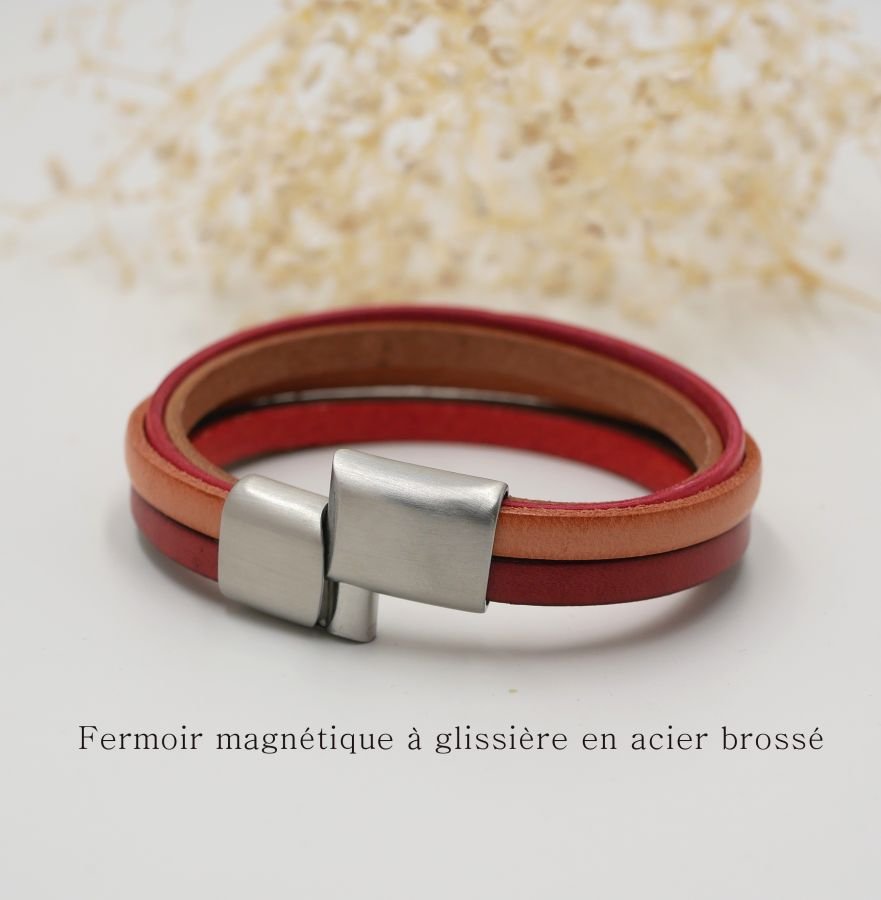 Bracelet femme multi-cuirs en manchette Rouge, Pêche, Corail, Beige