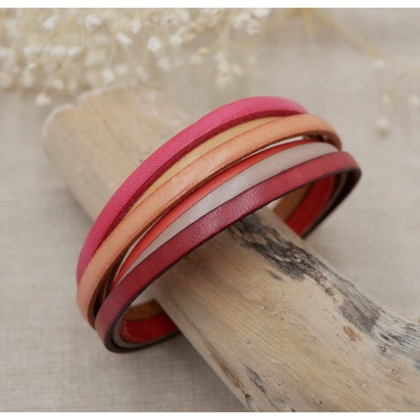 Bracelet femme multi-cuirs en manchette Rouge, P&ecirc;che, Corail, Beige