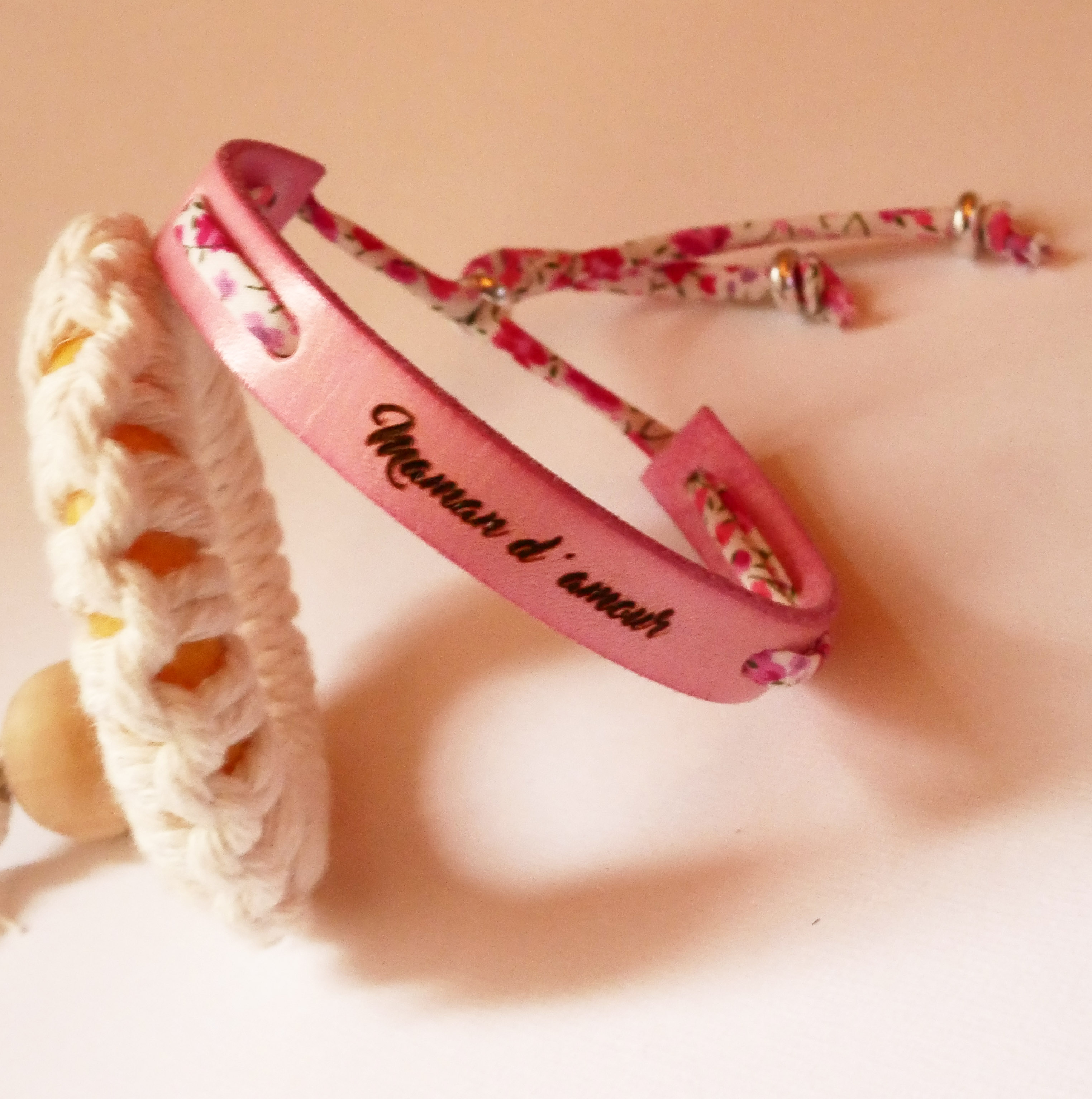 Bracelet Florâme à personnaliser au cordon liberty et cuir au choix à graver
