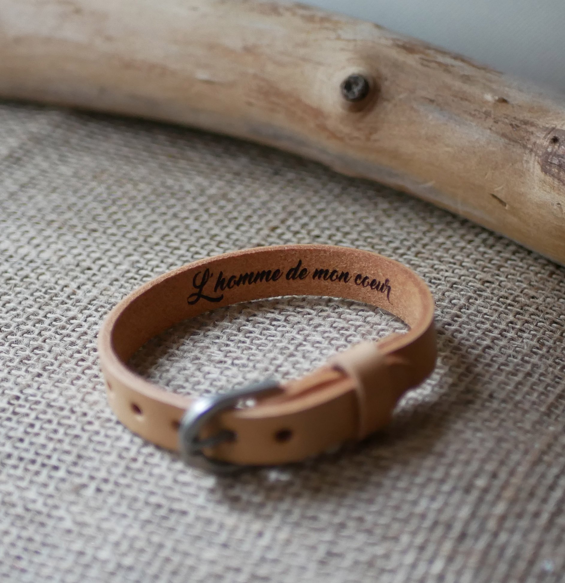 Bracelet Homme en cuir Naturel gravé à personnaliser 