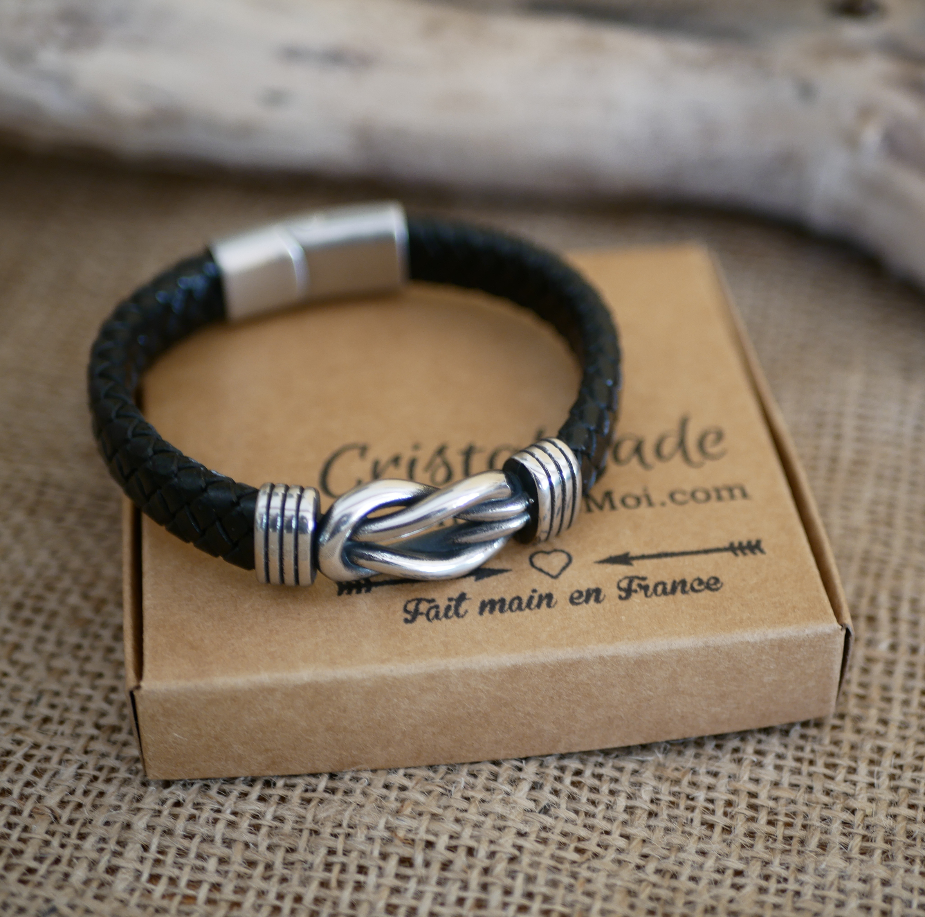 Bracelet homme cuir noir tressé au noeud celtique
