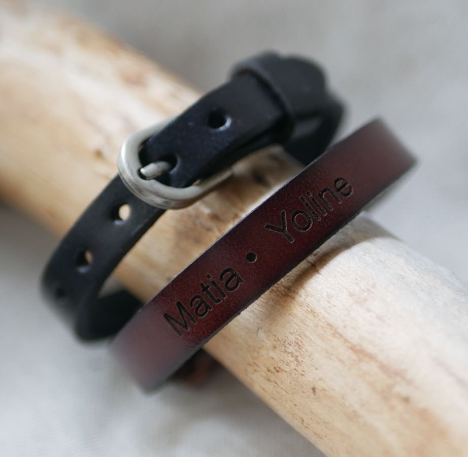 Bracelet Homme en cuir Noir gravé personnalisable