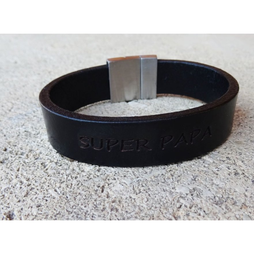 Bracelet Homme en cuir noir magnétique à graver