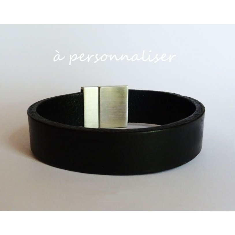 Bracelet Homme en cuir noir magnétique à graver